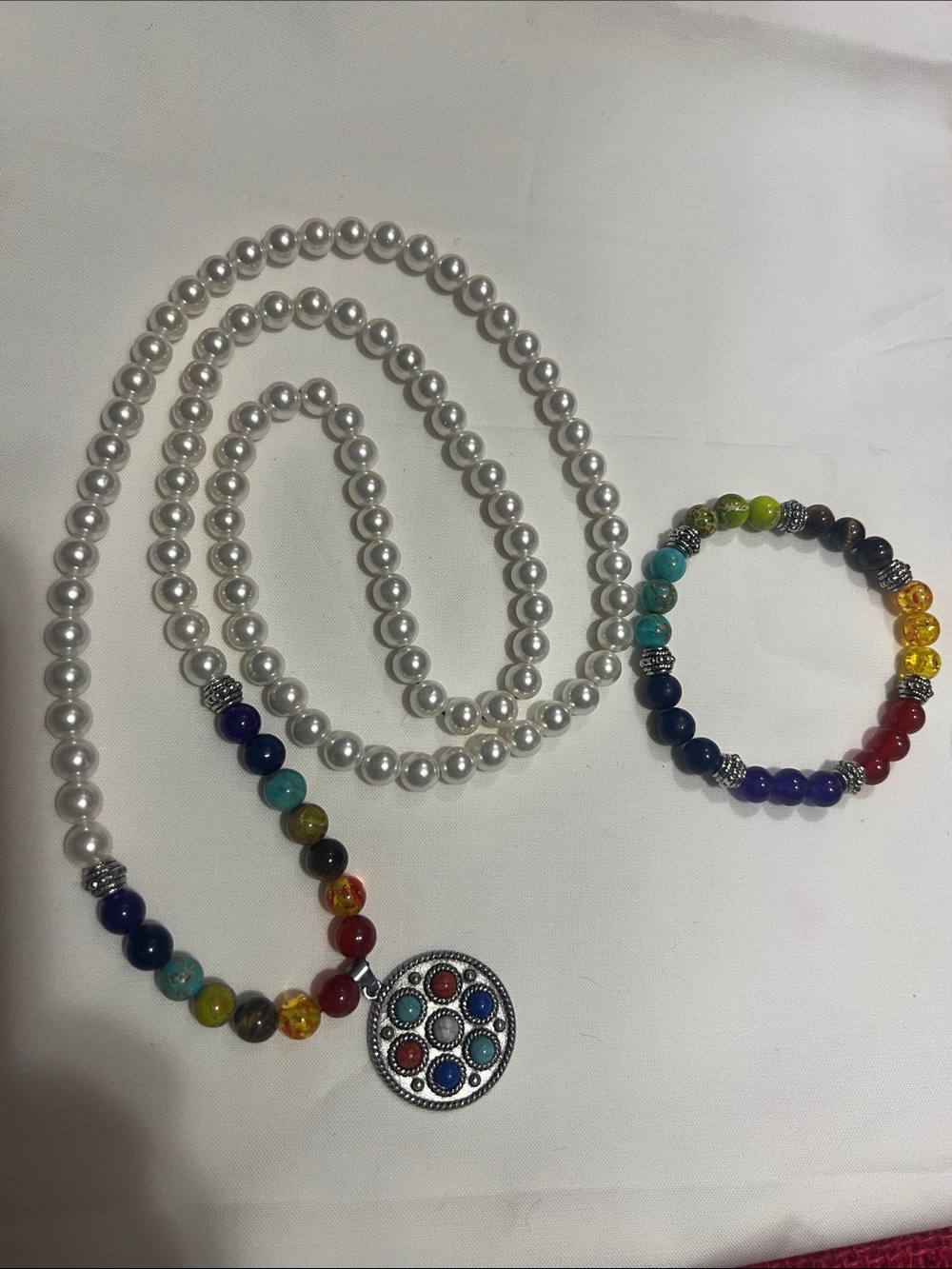Multicolor natural Bead Pendant Necklace and Bracelet Set
